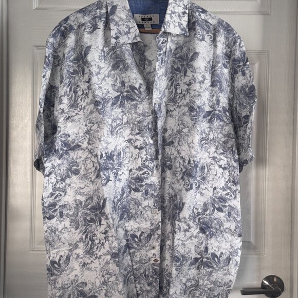 Joseph Abboud S/S Shirt w/ Navy Blue Floral Pattern on White Linen, XL - Picture 2 of 4